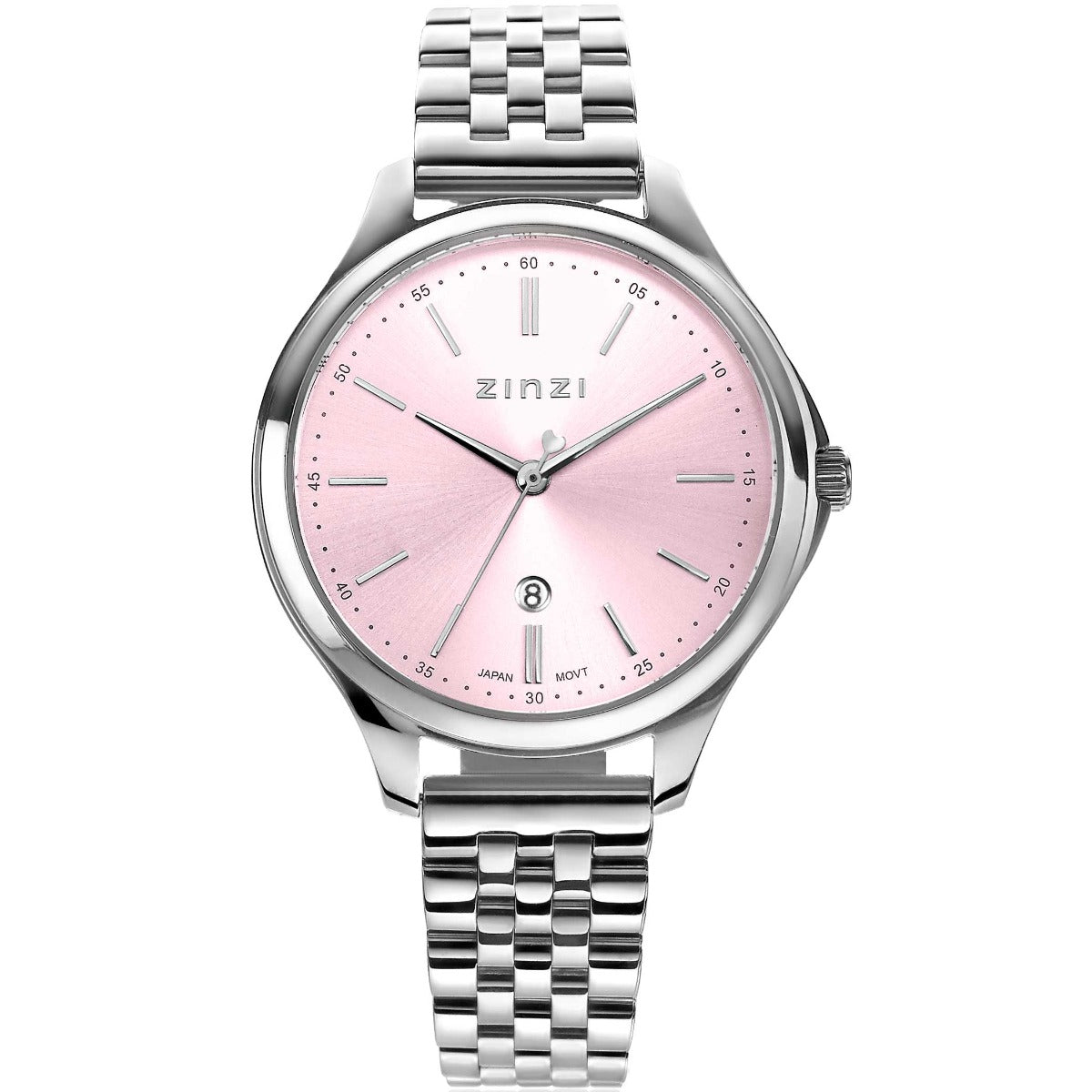 Zilverkleurig horloge van staal met een lichtroze wijzerplaat en een schakelband.