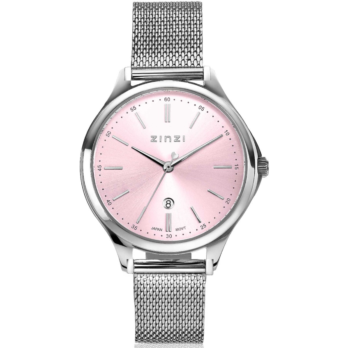 Zilverkleurig horloge van staal met een roze wijzerplaat en een mesh-band.