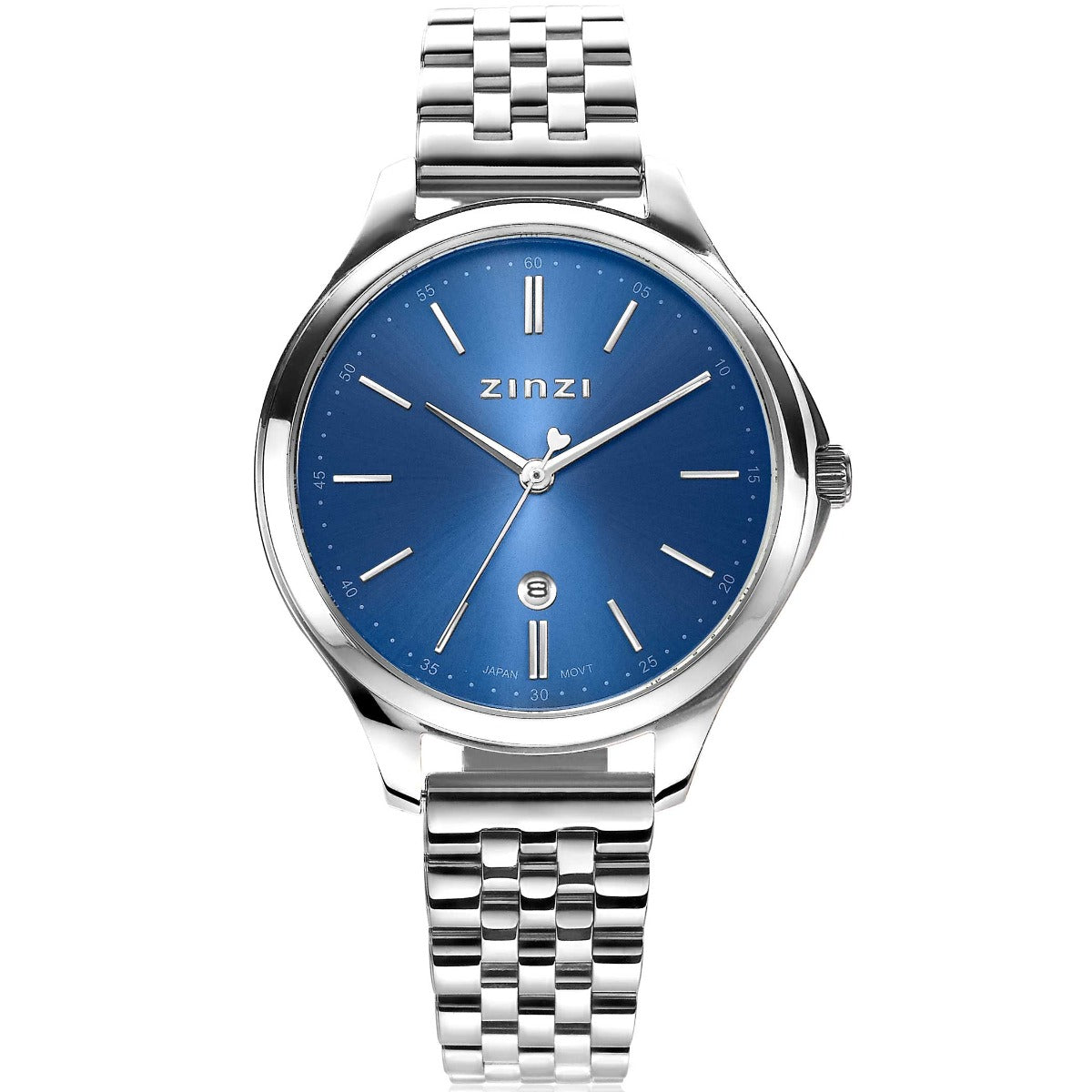 Zilverkleurig horloge van staal met een blauwe wijzerplaat en een schakelband.
