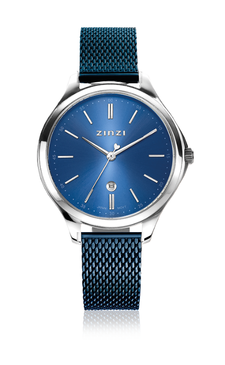 Zilverkleurig horloge van staal met een blauwe wijzerplaat en een mesh-band.