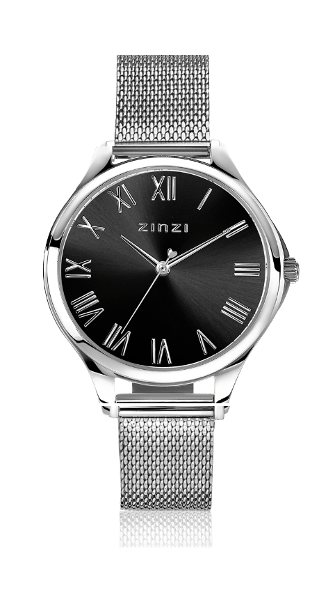 Zilverkleurig horloge van staal met zwarte wijzerplaat en Romeinse cijfers, voorzien van een mesh-band.