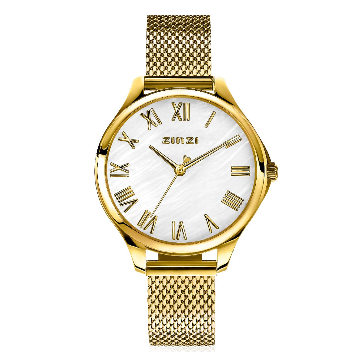 Geelgoudkleurig horloge met mesh-band, witte wijzerplaat en Romeinse cijfers.