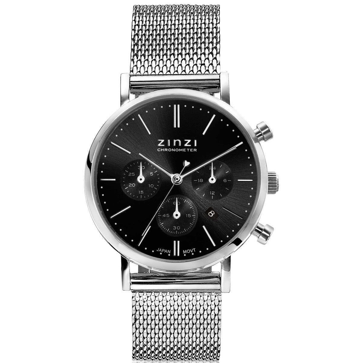 Zilverkleurig horloge van staal met zwarte wijzerplaat en mesh-band, voorzien van drie subdials.