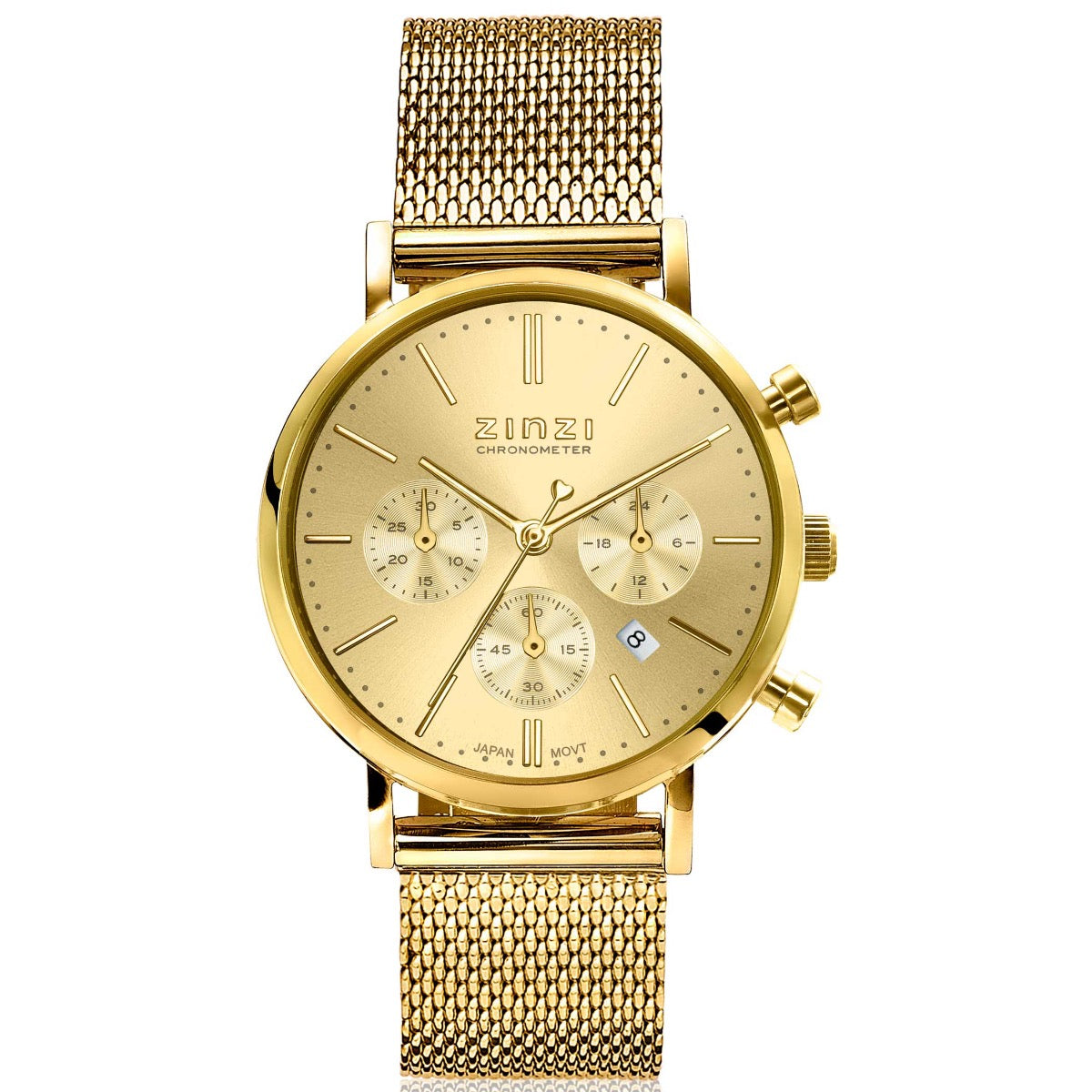 Goudkleurig horloge met mesh-band, ronde wijzerplaat en chronograaffunctie.