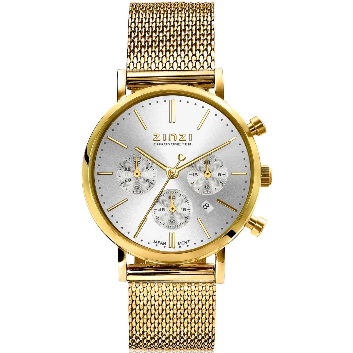 Geelgoudkleurig horloge met zilverkleurige wijzerplaat en mesh-band, voorzien van chronograaf en drie sub-dials.