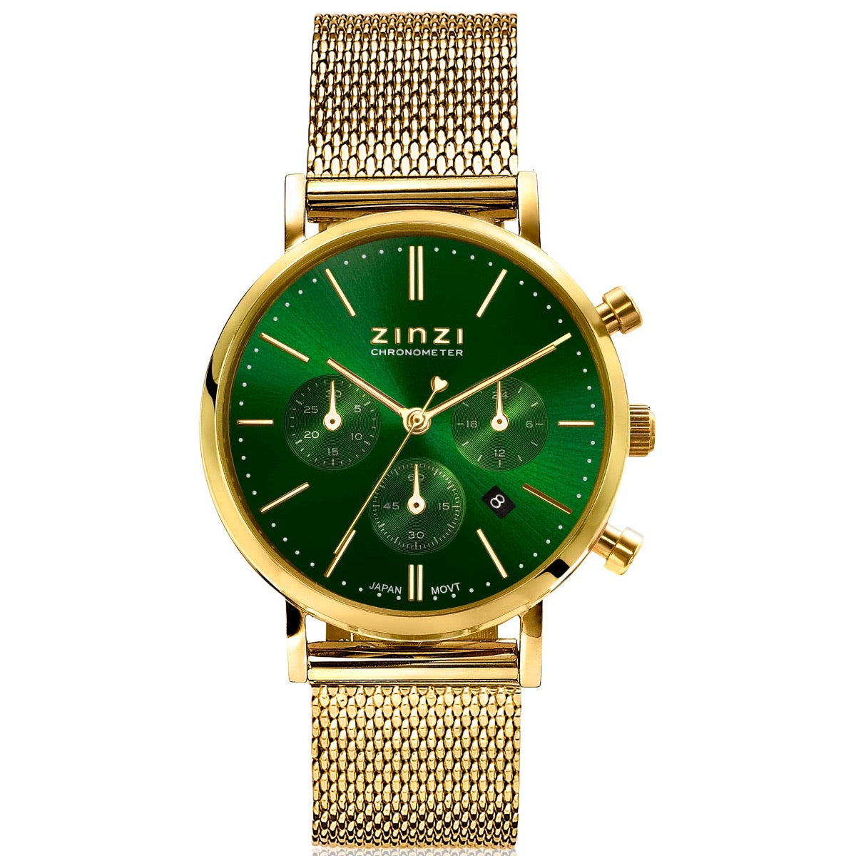 Gouden horloge met groene wijzerplaat, drie sub-dials en een mesh-band.