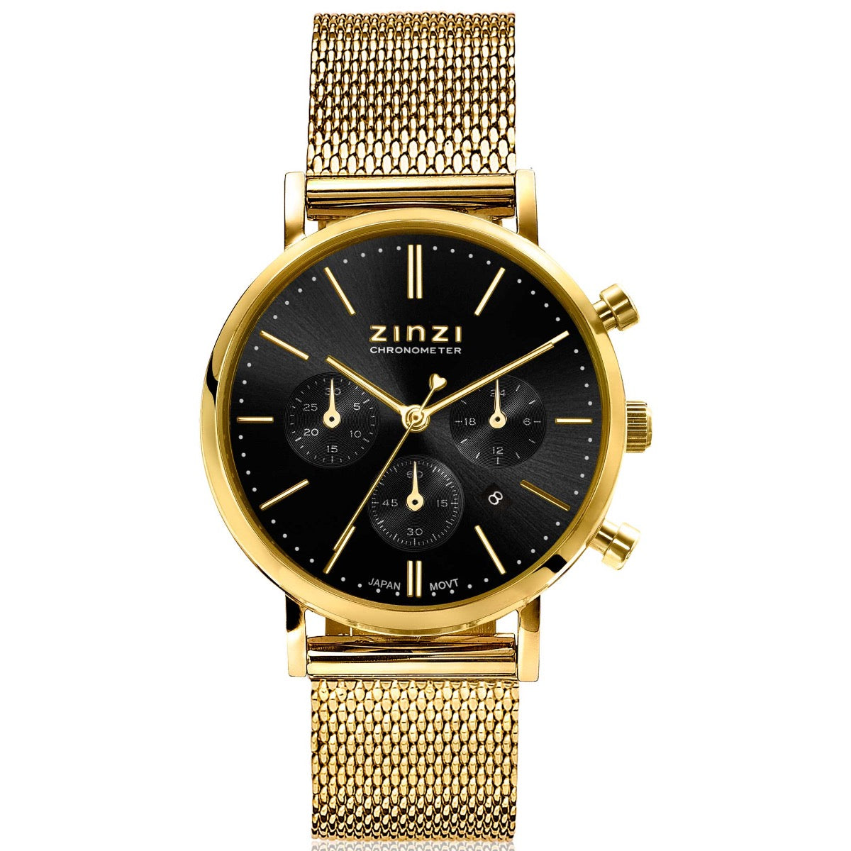 Geelgoudkleurig horloge met zwarte wijzerplaat, drie subdials en een mesh-band.