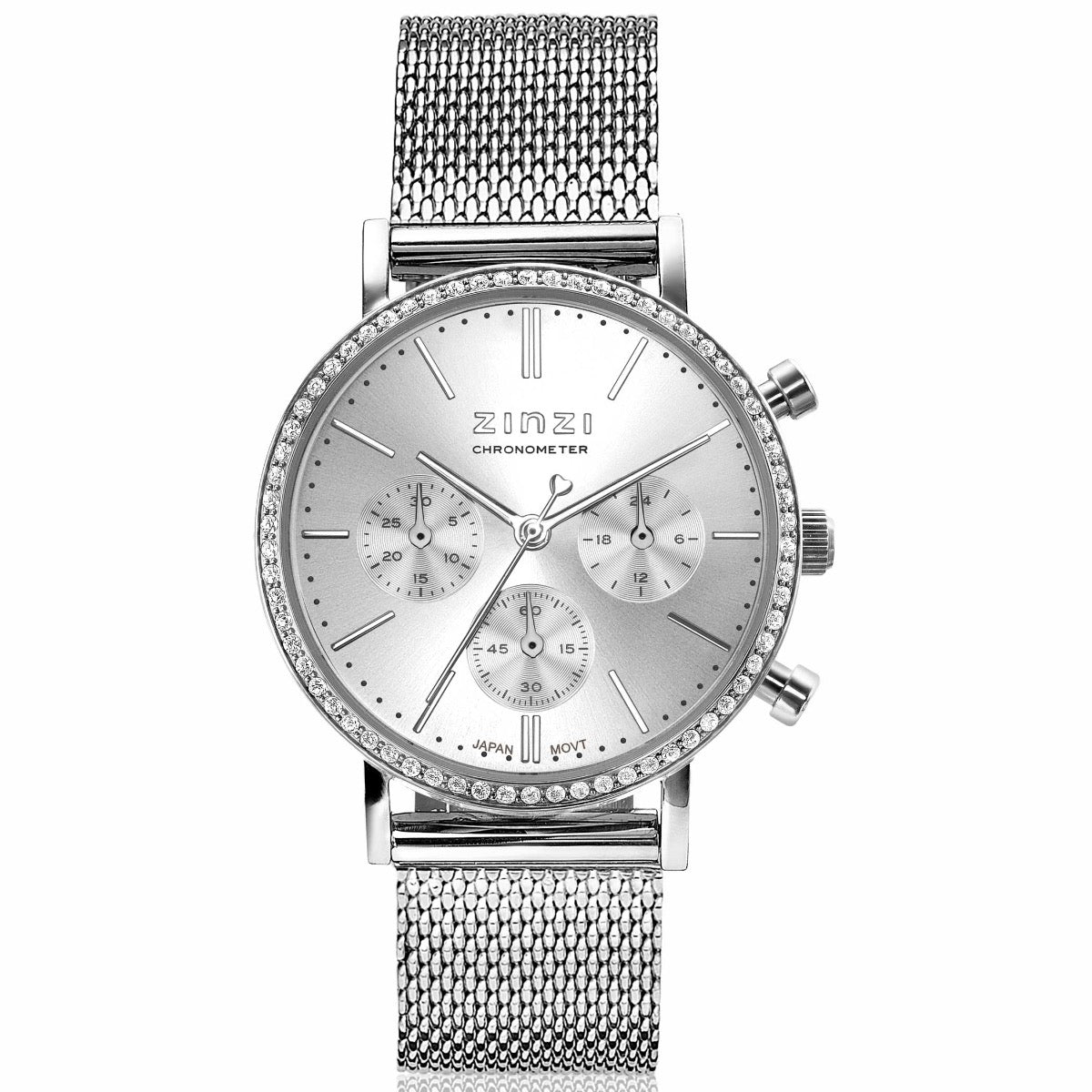 Zilverkleurig horloge van staal met mesh-band, ronde wijzerplaat en strass-steentjes rondom.