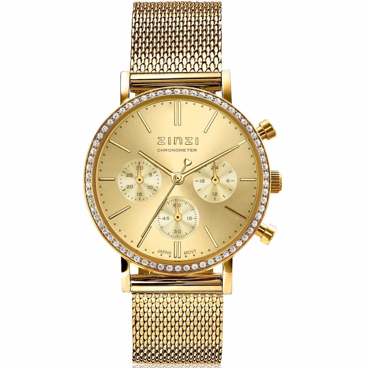 Goudkleurig horloge met mesh-band, ronde wijzerplaat, drie subdials en steentjes rondom de bezel.