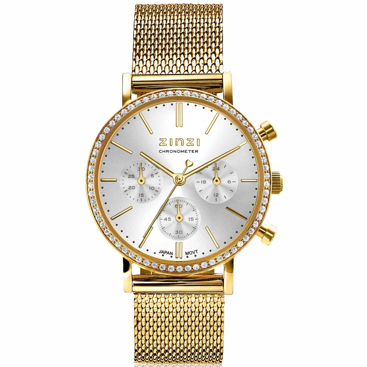 Geelgoudkleurig horloge met mesh-band, witte wijzerplaat en strass-steentjes rondom de bezel.