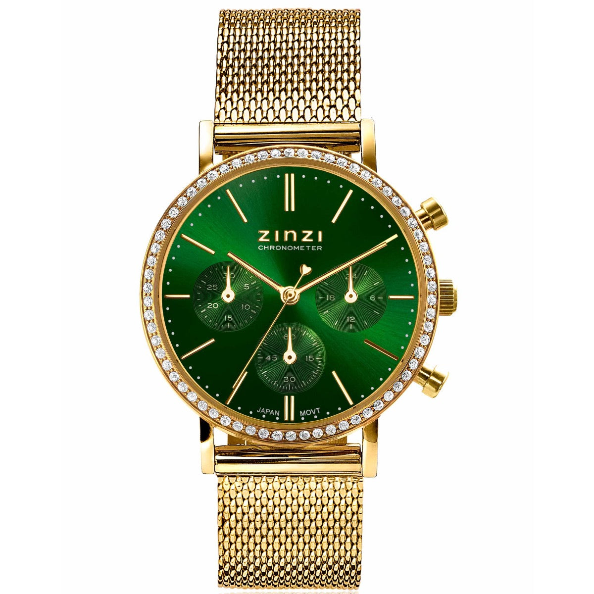 Goudkleurig horloge met groene wijzerplaat, mesh-band en strass-steentjes rondom de bezel.