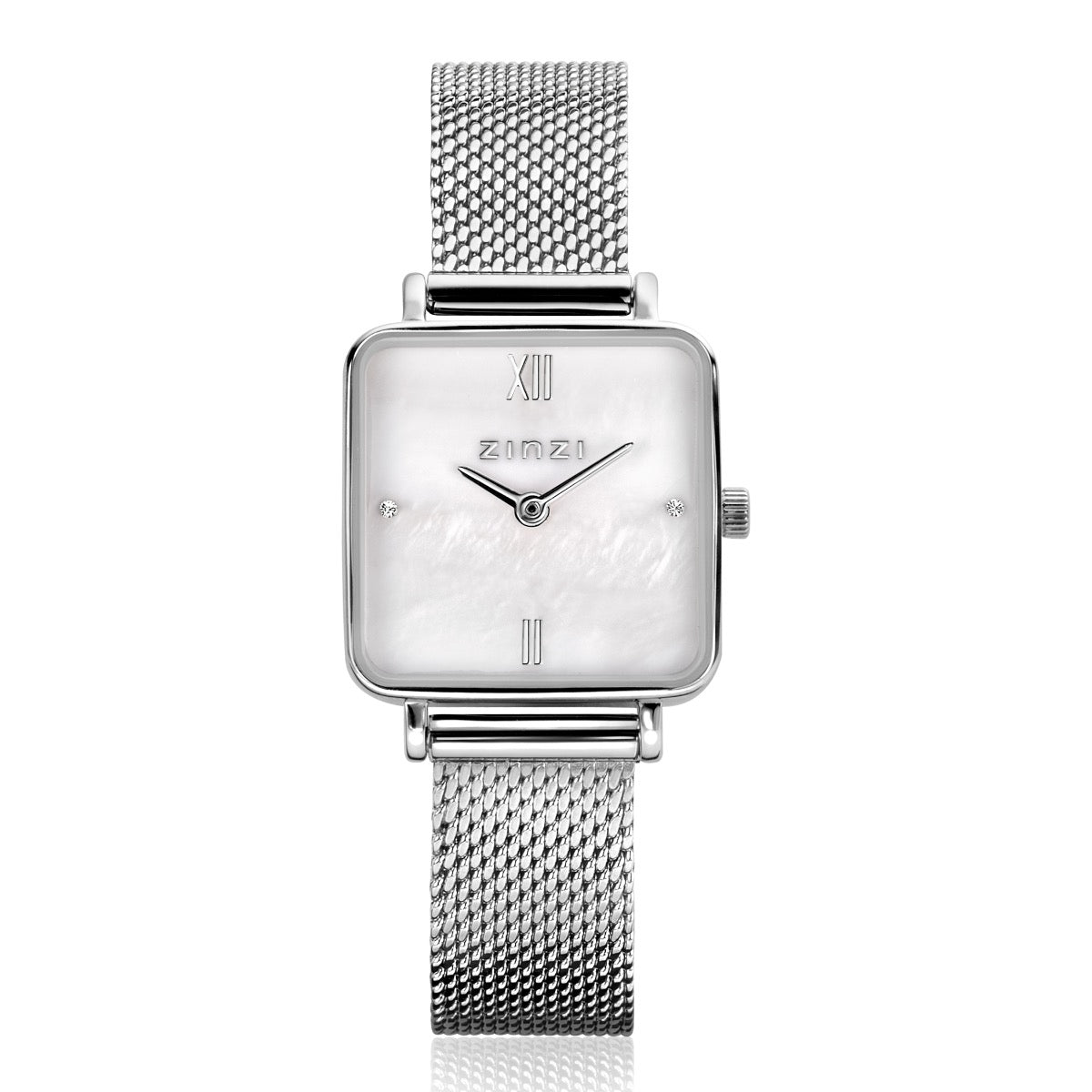 Zilverkleurig horloge van staal met een vierkante wijzerplaat en mesh-band.