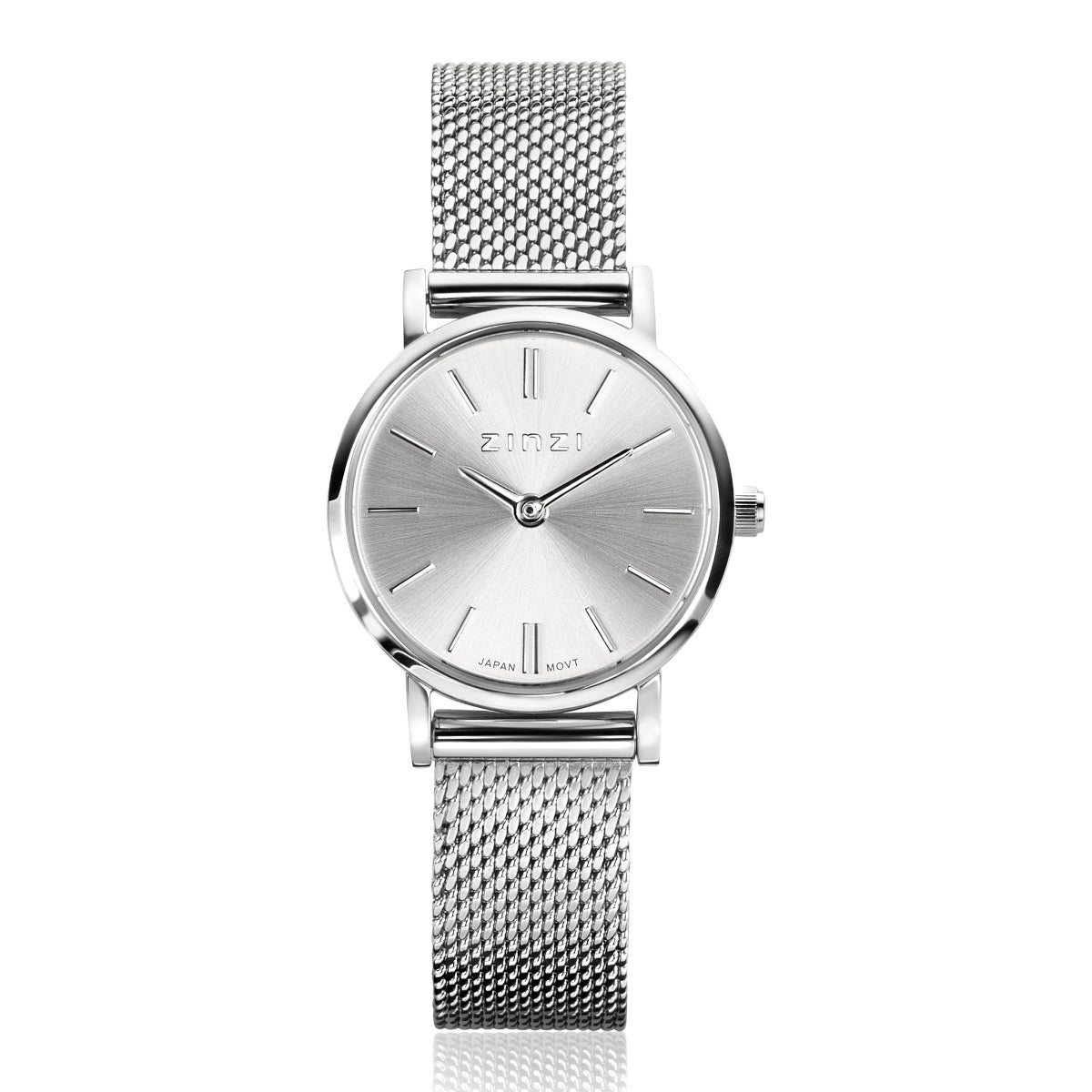 Zilverkleurig horloge van staal met een mesh-band en een eenvoudige zilveren wijzerplaat.