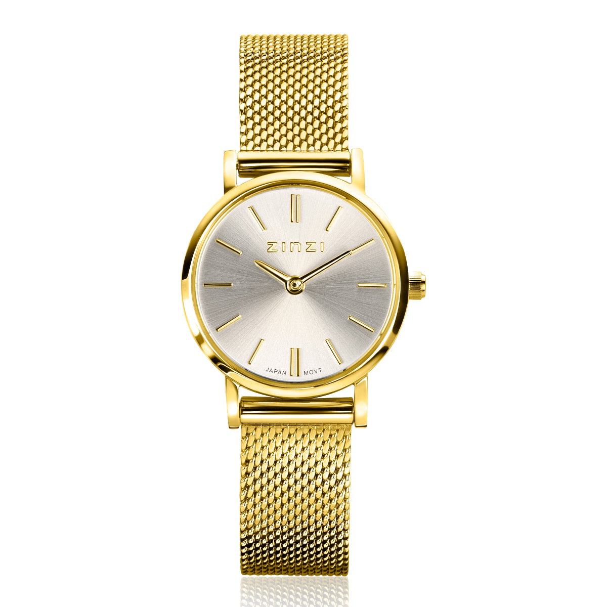 Goudkleurig horloge met een zilverkleurige wijzerplaat en een mesh-band.
