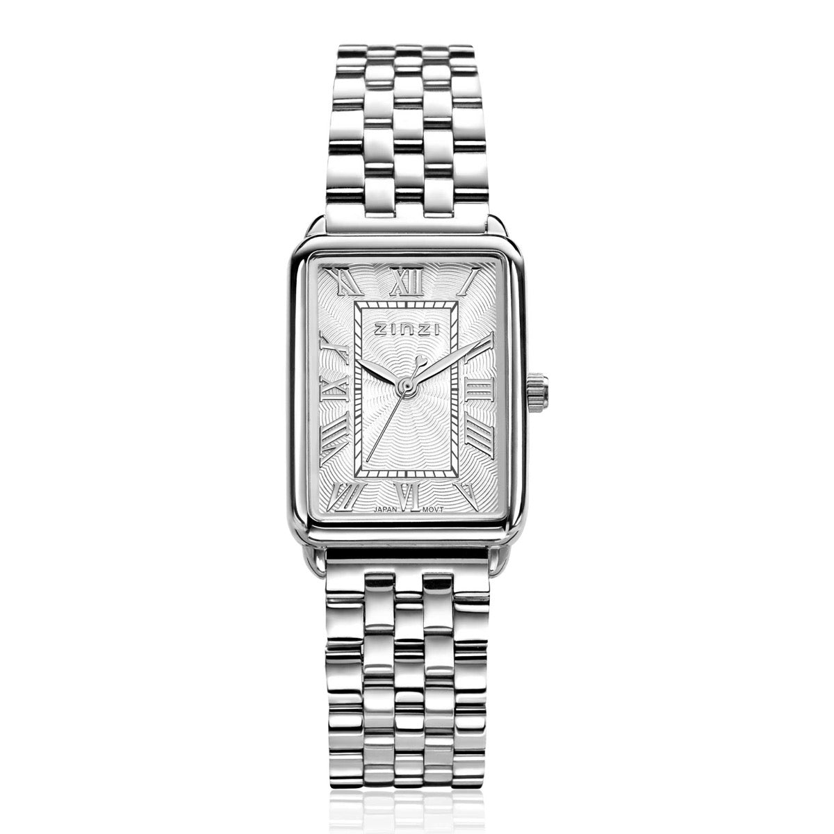 Zilverkleurig horloge van staal met een rechthoekige wijzerplaat en een schakelen band.