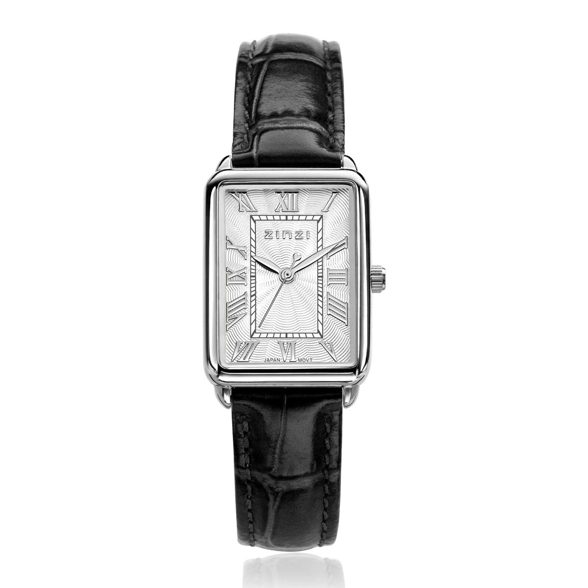Zilverkleurig horloge met rechthoekige wijzerplaat en zwarte leren band.