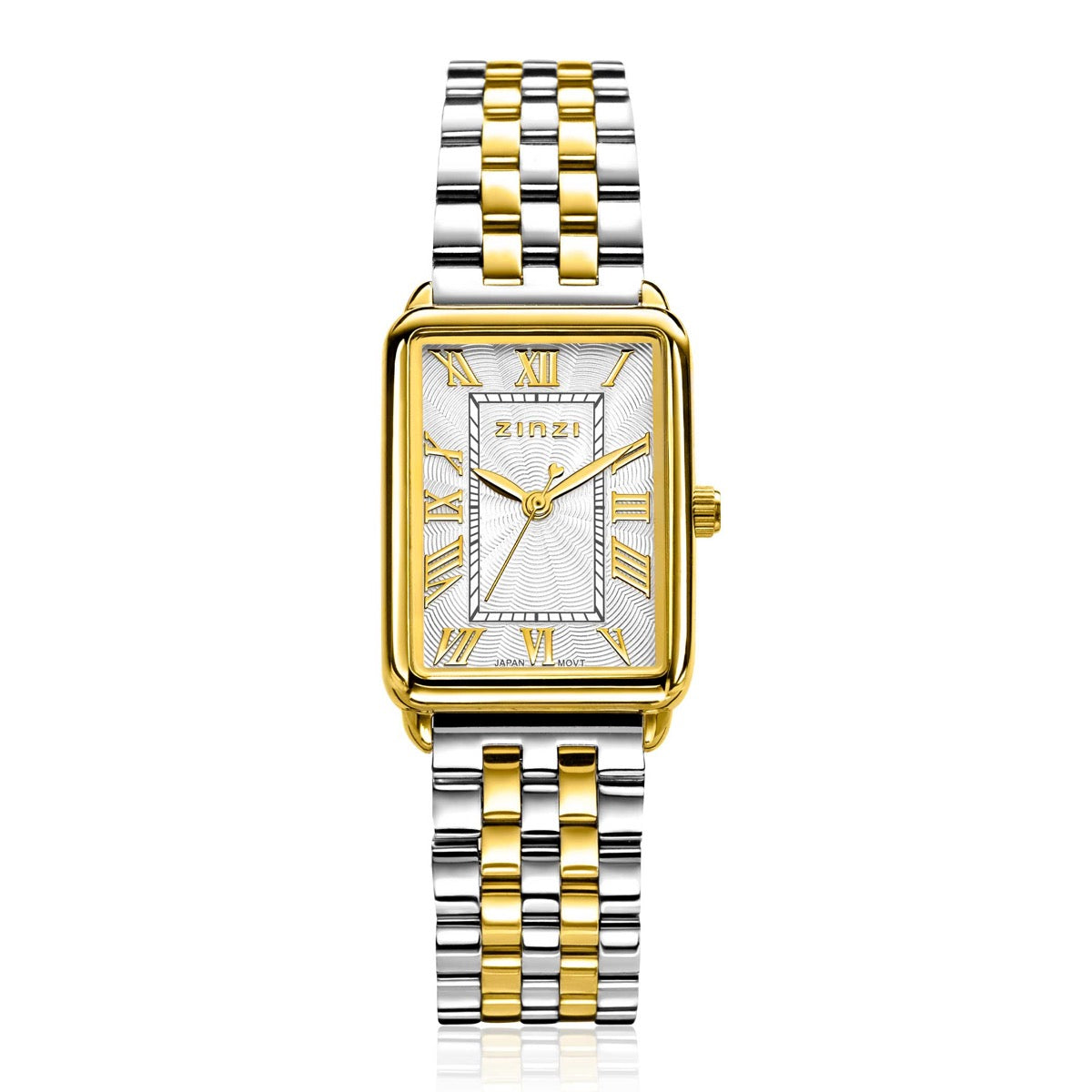 Een rechthoekig Zinzi Geelgoudkleurig Horloge Staal Ziw1907 met een tweekleurige zilveren en gouden metalen band, goudkleurige kast, Romeinse cijfers op een witte wijzerplaat en het Zinzi merk bovenaan.