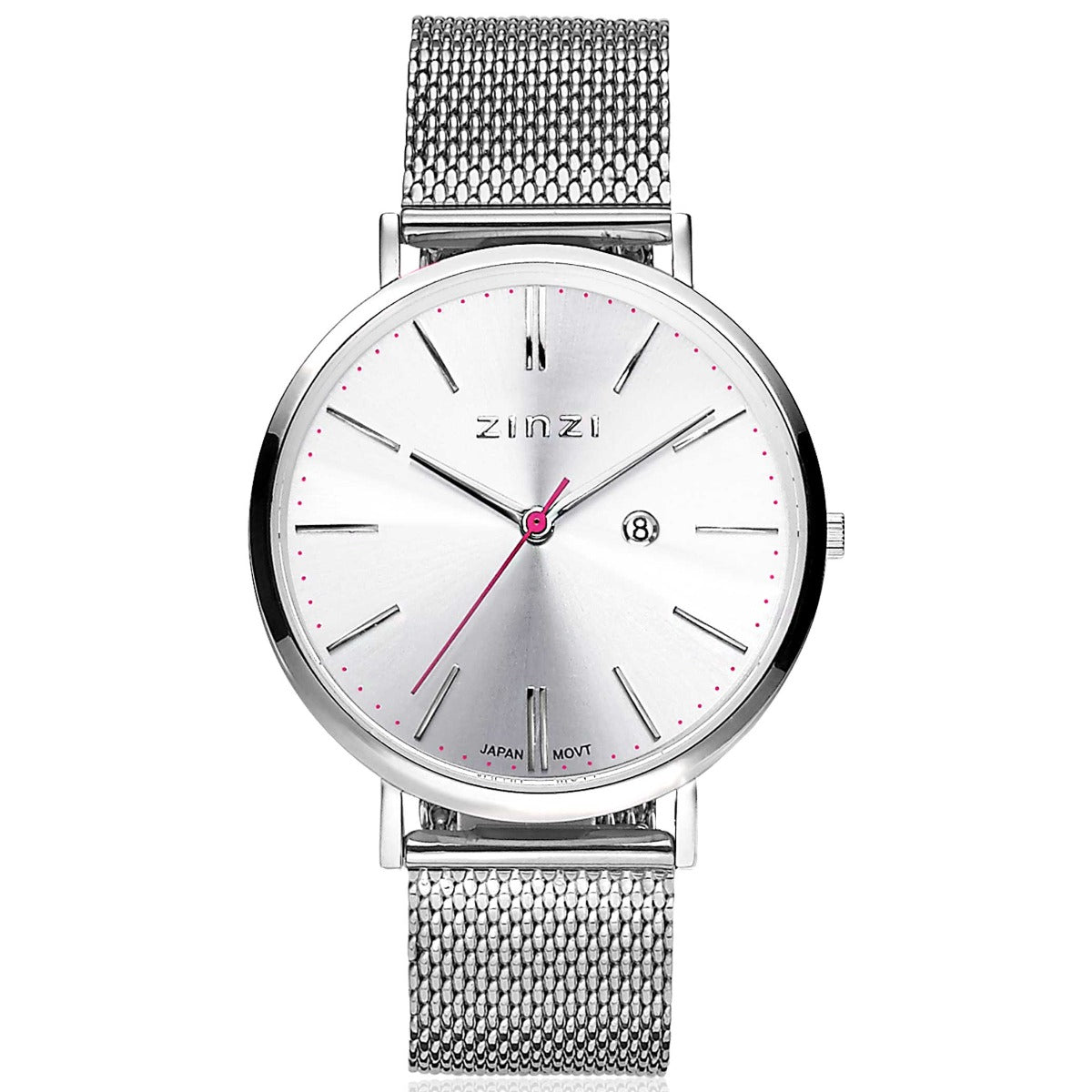 Zilverkleurig horloge van staal met een ronde wijzerplaat, mesh-band en een subtiele roze secondewijzer.