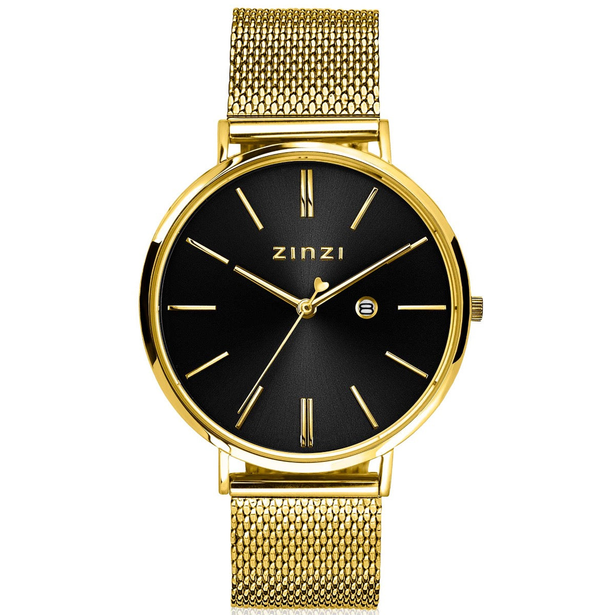 Geelgoudkleurig horloge met zwarte wijzerplaat, gouden indexen en mesh-band.