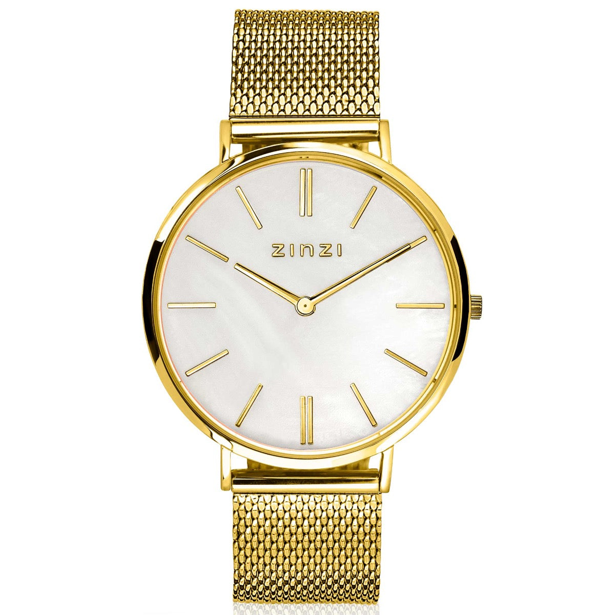Geelgoudkleurig horloge met een witte wijzerplaat en een mesh-band.