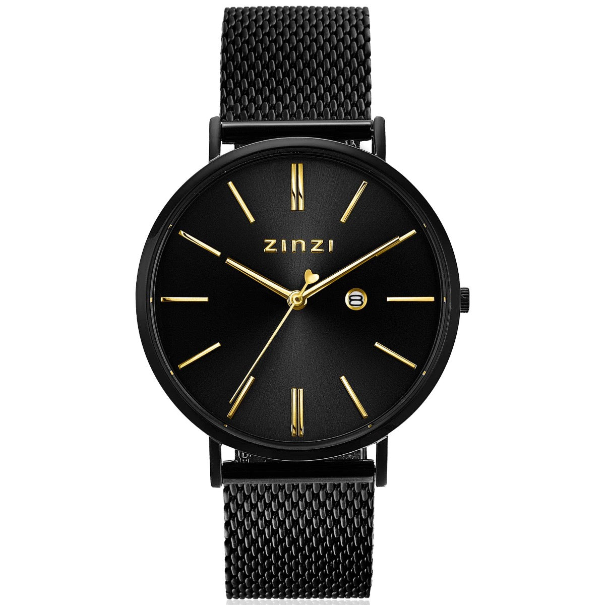 Zwart stalen horloge met mesh-band, ronde wijzerplaat en gouden indexen.