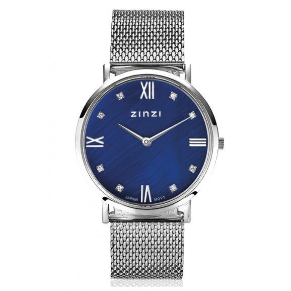 Zilverkleurig horloge van staal met een blauwe wijzerplaat en mesh-band, versierd met steentjes.