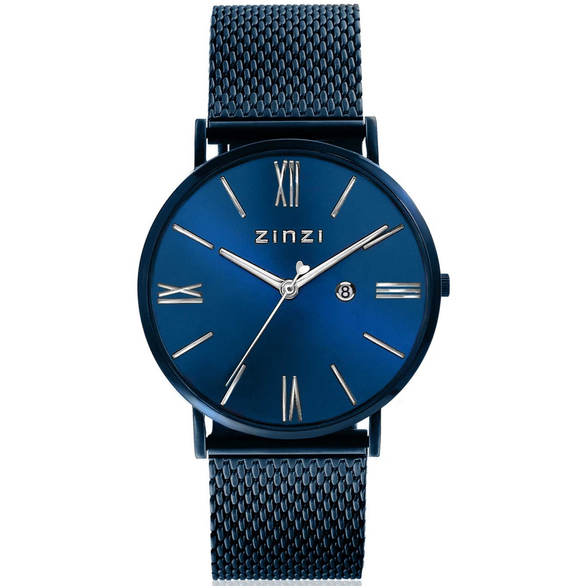 Blauw horloge van staal met mesh-band, ronde wijzerplaat en Romeinse cijfers.