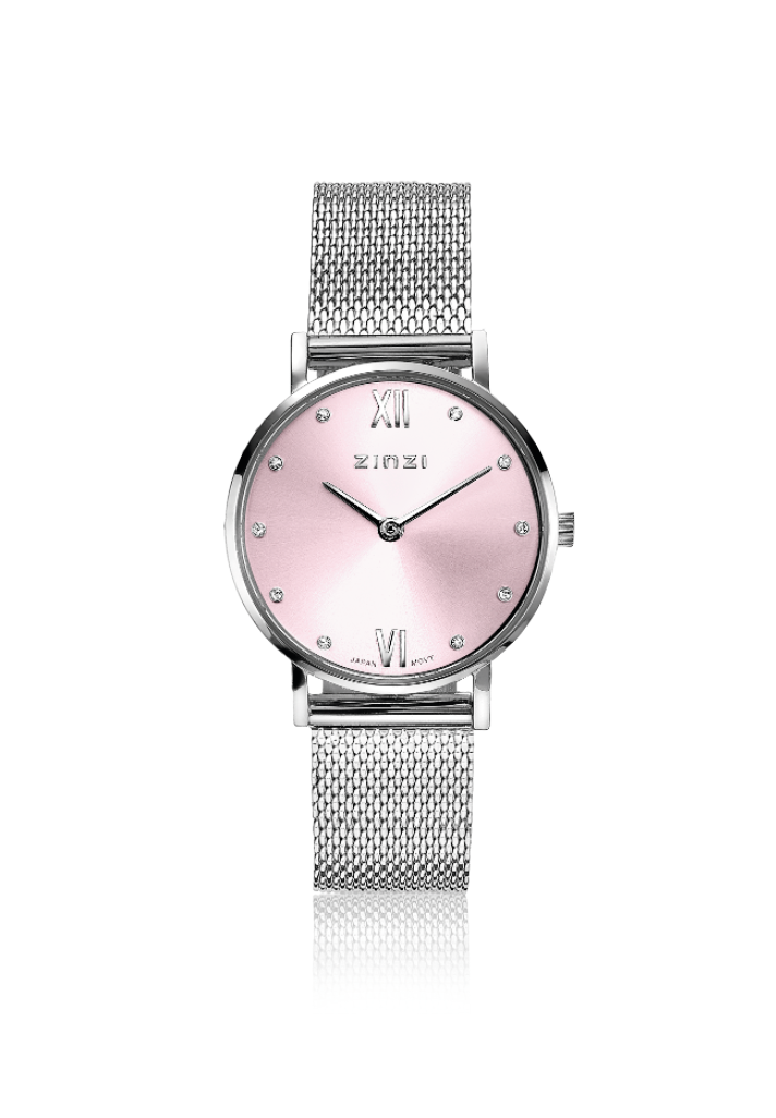Zilverkleurig horloge van staal met een roze wijzerplaat en mesh-band, versierd met steentjes.