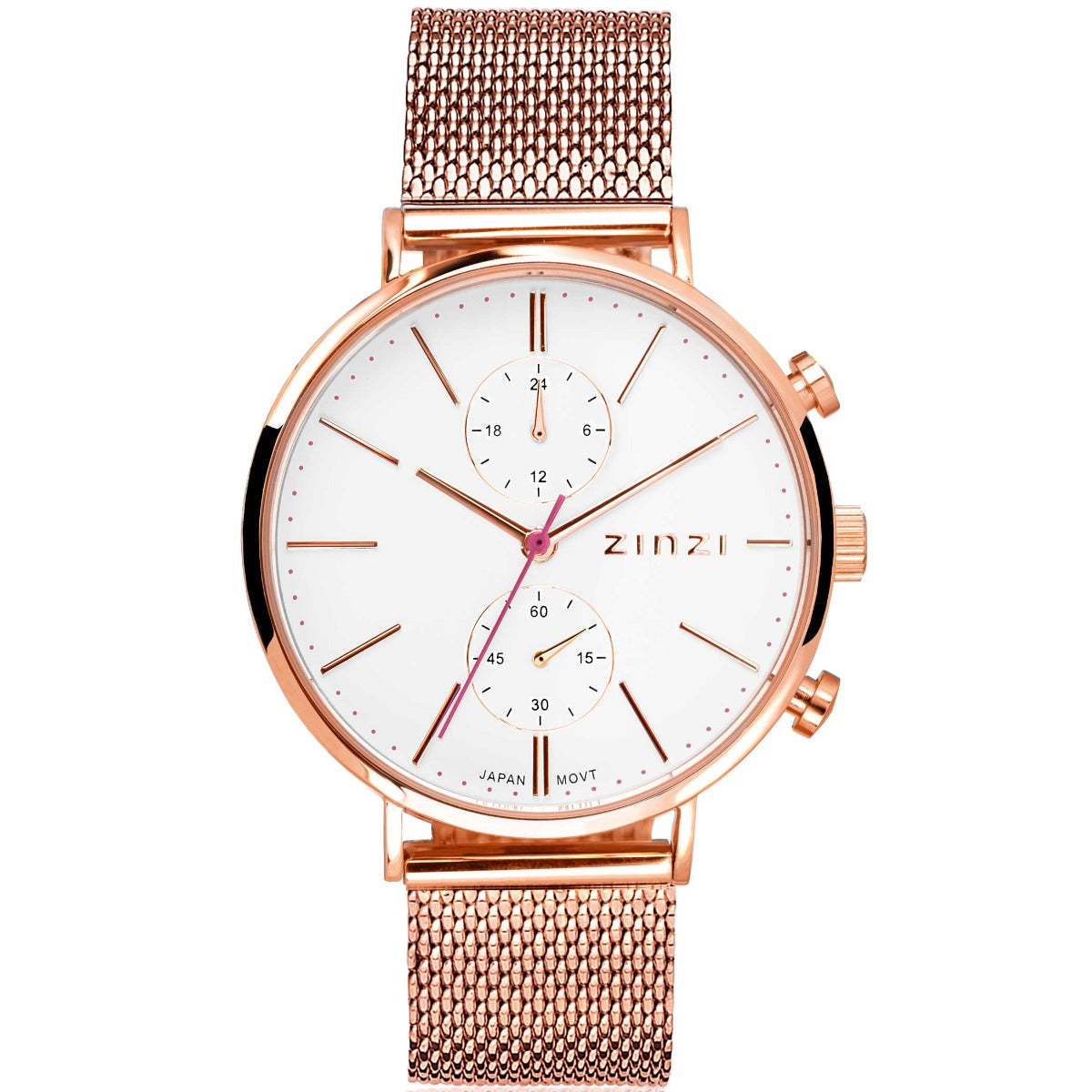 Roségoudkleurig horloge met mesh-band, witte wijzerplaat en chronograaffunctie.